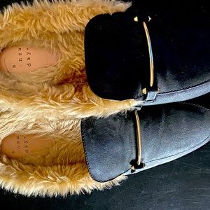 Faux fur slip on mules